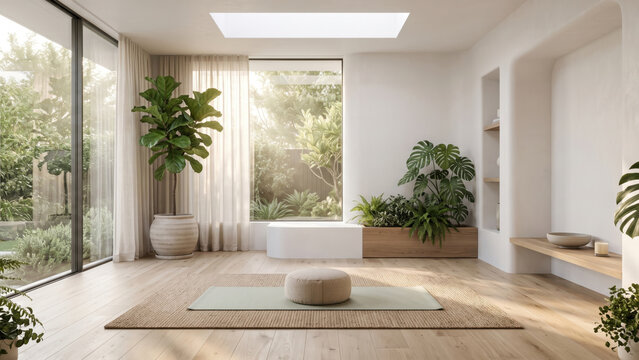 A yoga mat and meditation cushion rest inside a sunny white interior decorated with plants and a large window.