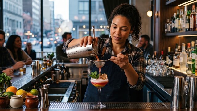 Female bartender pouring cocktail drink into glass at a busy bar.