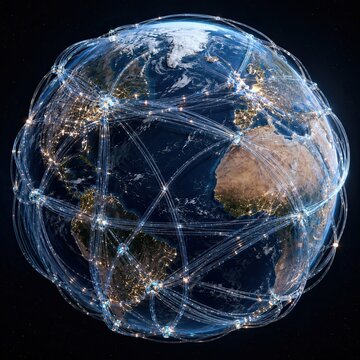 Digital globe representation with interconnected lines and glowing nodes illustrating global communication and data exchange across continents and oceans in a dark space background