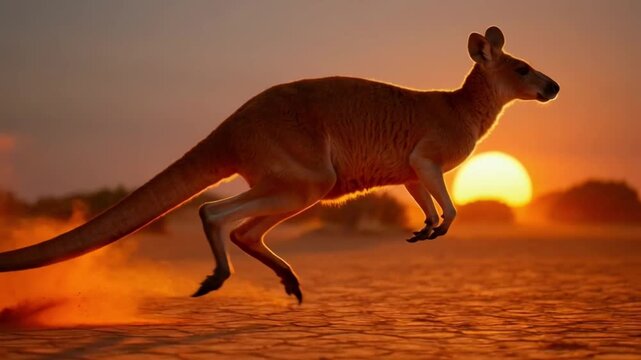 Wild Red Kangaroo Bounding through Australian Desert