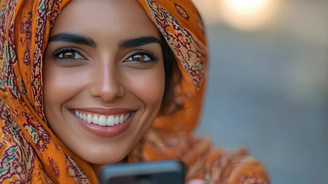 A happy woman wearing a colorful headscarf.