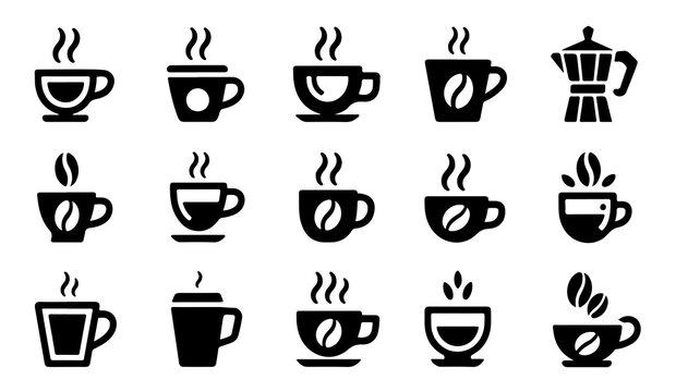 Black coffee cup icons with steam and bean accents for beverage menus and cafe branding.