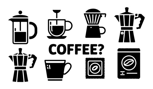 Diverse coffee equipment icons and signs for brewing methods and cafe branding.