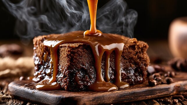 A delectable warm chocolate dessert, possibly a brownie or lava cake, generously topped with luscious caramel sauce, steam rising, on a rustic wooden board, dark backdrop