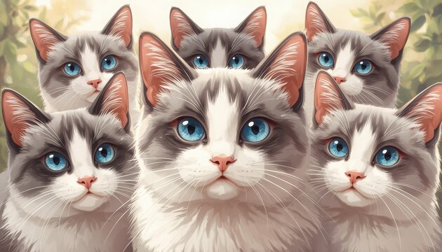 Group of adorable domestic cats with bright blue eyes