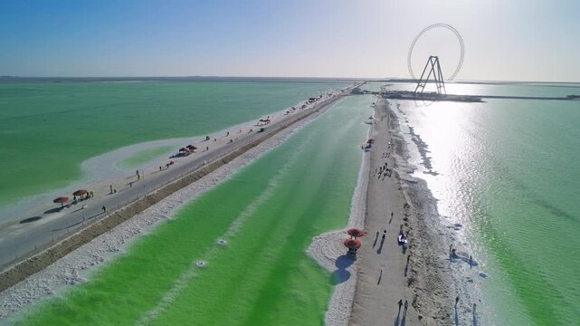 Aerial View of Ten-Thousand-Zhang Salt Bridge in Qarhan Salt Lake: Pure Emerald Water, White Salt Causeway and Sunlight in Qinghai
