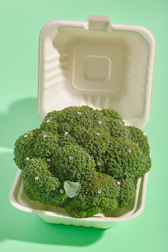 Sustainable takeout container holding decorated broccoli on green