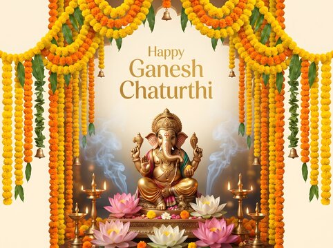 lord ganesha statue with marigold garlands and lotus flowers for festival celebration.