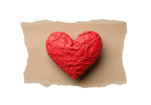 Crushed red paper heart rests on torn paper on transparent background