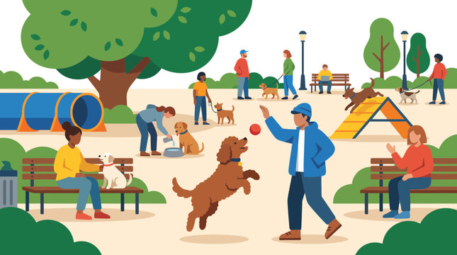 Dog park scene with owners throwing balls, dogs running, benches, trees and happy pets enjoying outdoor play.