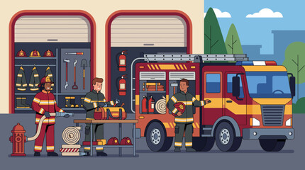 Naklejka premium Fire station scene with firefighters, red fire engine, equipment, hoses and ready emergency response team.