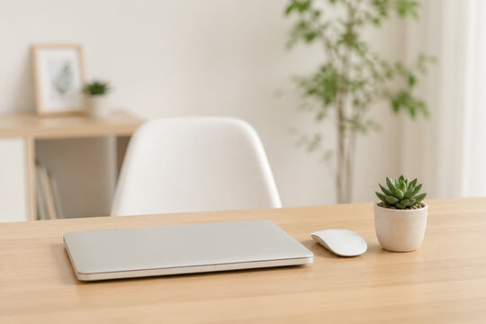 Closed laptop on wooden desk with computer mouse and small succulent plant. Workspace background for freelance job, remote work or online study. Minimalist office interior design.