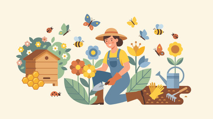 Fototapeta premium Cheerful scene of beekeeper in garden with beehive, bees, sunflowers, wildflowers and warm summer nature.