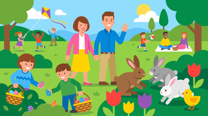 Naklejka premium Sunny park scene with parents, children, colorful kite, rabbits, tulips, trees and cheerful spring atmosphere.