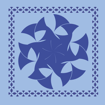 Geometric blue mandala pattern, abstract floral ornament with decorative border, symmetrical tile design for textile and wallpaper