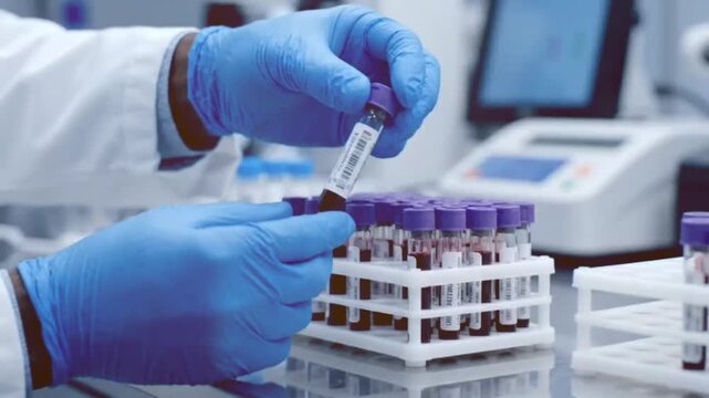 Scientist in blue gloves handles rack of blood test tubes in laboratory for medical research and analysis footage motion.