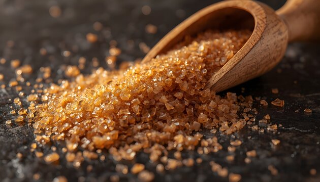 Brown cane sugar crystals pouring from wooden spoon onto dark surface for baking and cooking