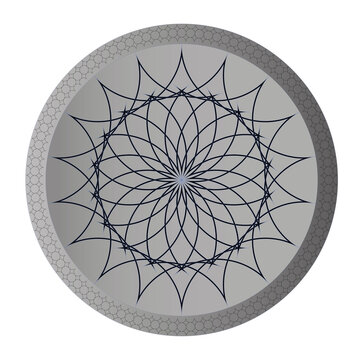 Geometric mandala design, circular gray pattern with intricate line art, symmetrical silver ornament for meditation and decor
