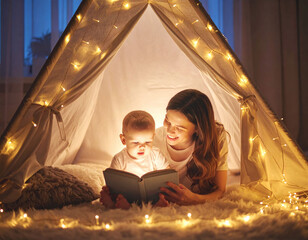 Obraz premium A loving mother reads a glowing magic storybook to her cute baby inside a cozy illuminated teepee tent at night, creating a warm, magical bedtime atmosphere of love and bonding.