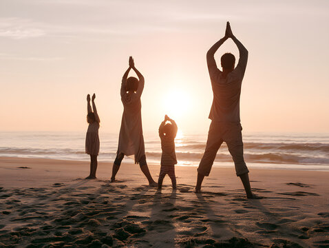 A newly formed family engages in yoga on a beach covered with fine sand at sunrise, with mom, dad, and daughter all on a vacation in a tropical locale