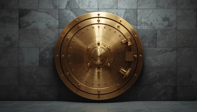 Heavy round golden metallic vault door installed inside dark modern stone tile wall