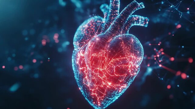 The is a vibrant and dynamic of the human heart in red with a network of blue lines representing connections or blood vessels.