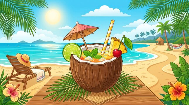Tropical coconut drink on beach with palm trees and ocean view