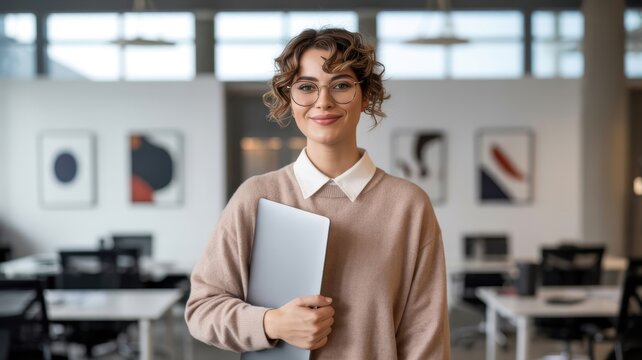 Smiling woman holding laptop standing in modern open plan office with blurred background interior