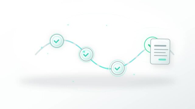 Digital invoice moving through automated approval workflow with glowing checkpoints in clean seamless loop