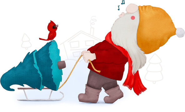 Festive bearded gnome pulls a decorated Christmas sled. Ideal for seasonal advertising, posters, invitations, packaging, and editorial layouts.