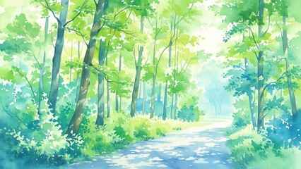 Fototapeta premium 新緑の森と木漏れ日の小道 爽やかな水彩風景イラスト 背景素材