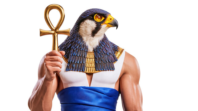 Muscular eagle-headed pharaoh holding golden ankh symbol isolated on transparent background png element