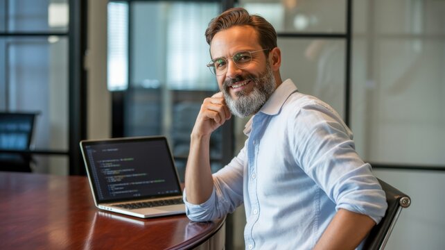 Successful middle aged male software developer working on laptop in modern office with glass partition background