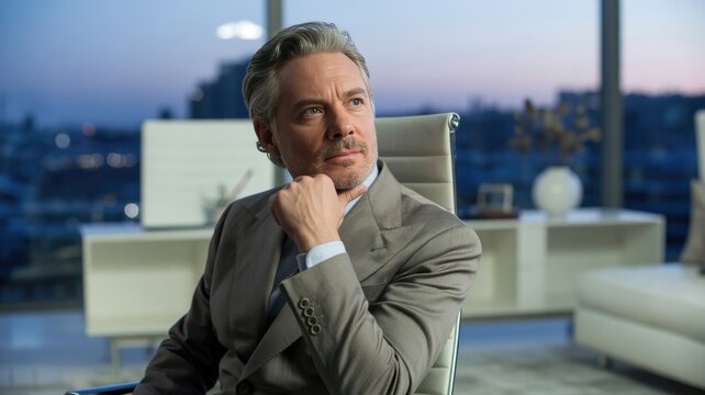 Thoughtful businessman in tailored suit sitting in modern office chair during evening city skyline view