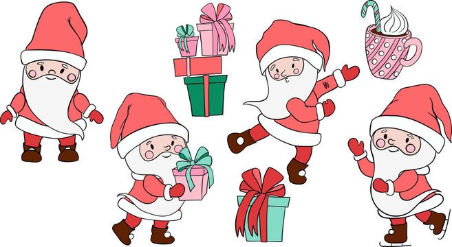 Four festive Santa characters hold presents and candy canes on a clean white background. Great for Christmas banners, greeting cards, articles, presentations, and promotions.