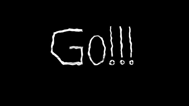 Hand drawn animated scribbles Go text on black background. 4K Video