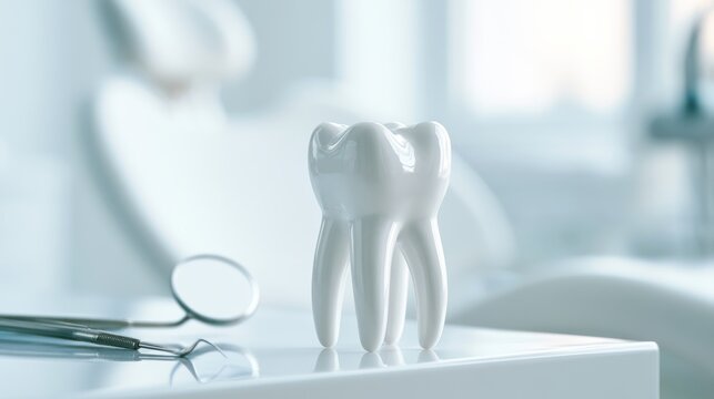 Glossy white molar tooth model displayed on a dental table with dental tools and a blurred dental chair in the background, emphasizing dental care and hygiene