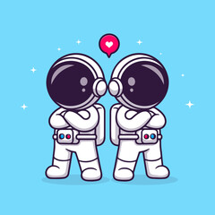 Fototapeta premium Cute Cartoon Astronaut Couple Standing Back To Back With Love Icon In Space