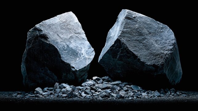 Two large, jagged, dark gray rocks stand in stark contrast against a deep black background, surrounded by smaller broken fragments, evoking concepts of strength and raw natural form