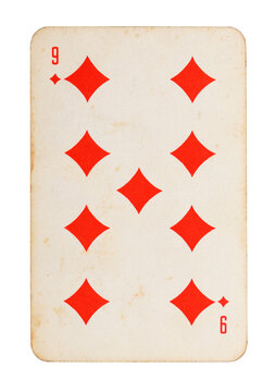Old vintage Nine of Diamonds playing card isolated on white.