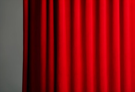 Red velvet stage curtain with vertical folds and a gray wall on the left, theater and performance background