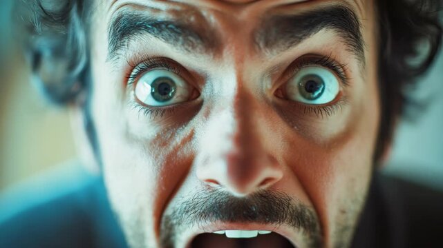 Close-up of man's face shows wide eyes and open mouth. Expression conveys intense surprise or shock. Skin texture and facial details are sharply defined