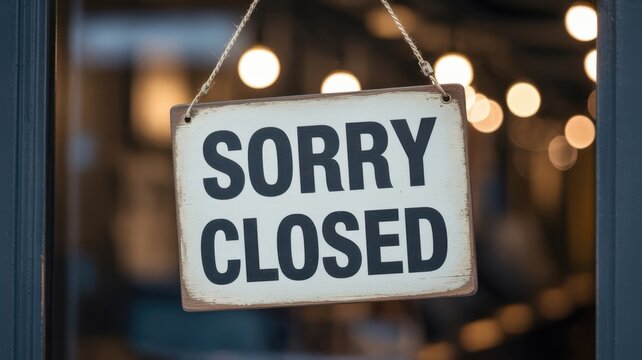 Vintage style sorry closed sign hanging on glass door of a shop with blurred warm bokeh lights in background