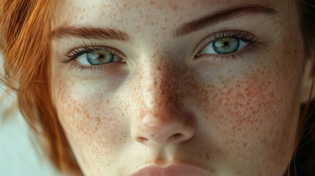 Close-up of a woman with freckles and blue eyes looking off to her right side.
