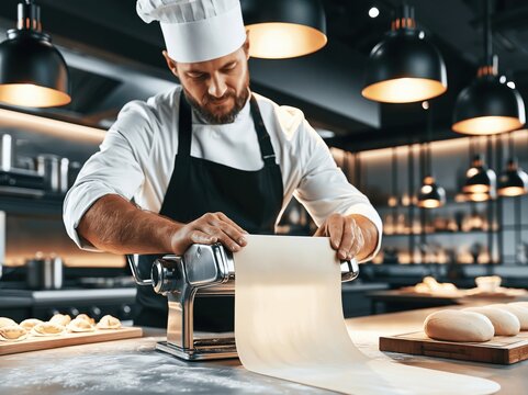 Professional male baker using pasta machine in modern bakery shop prepa fresh dough for baking artisan bread and pastries with warm ambient lighting