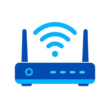 Modern blue wireless WiFi router icon with signal waves, antenna, and connection indicators isolated on a white background. Clean technology symbol for internet connectivity, networking, broadband, an