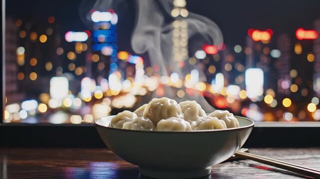 Steaming bowl of dumplings by city window at night