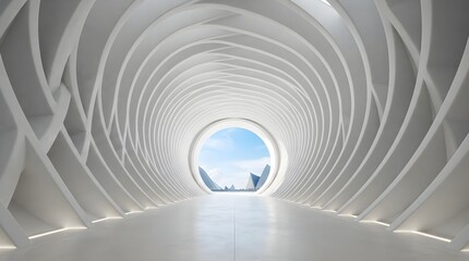 Obraz premium Futuristic white tunnel with circular opening and abstract architectural structure, 3d rendering of a modern corridor leading to a bright outdoor landscape