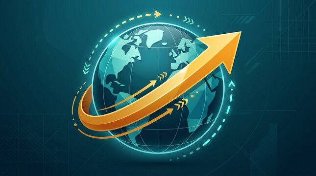 Global business growth with digital navigation arrow circling futuristic 3D Earth hologram