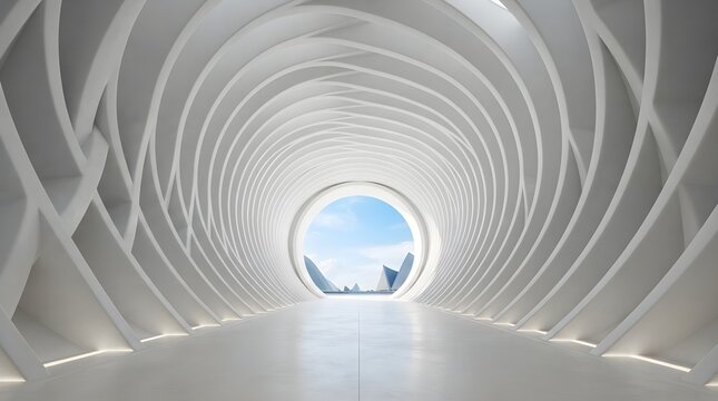 Futuristic white tunnel with circular opening and abstract architectural structure, 3d rendering of a modern corridor leading to a bright outdoor landscape